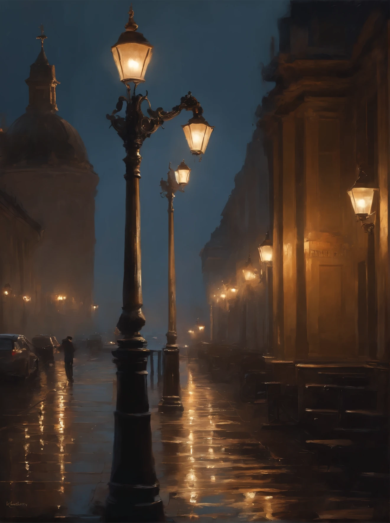 painting of a pier with a light post and street lights, a fine art painting by andrey ryabovichev, trending on cgsociety, conceptual art, andrey gordeev, night sea storm, michael garmash and rob rey, beautiful painting, beautiful art, beautiful depiction, gorgeous painting, alexi zaitsev, dmitry spiros