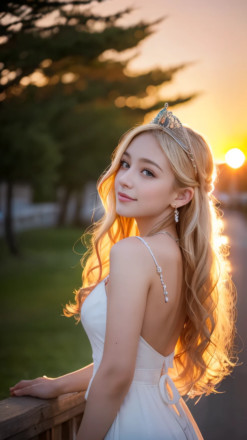 ((RAW shooting:1.5, Realistic:1.5, 8k, highest quality, masterpiece, Ultra-high resolution)), night, summer, Beachside, A clear, cloudless sky, Professional camera work:1.3, Very detailedな肌と顔の質感:1.3, Glowing light effect, Very detailed:1.3, Cute 15-year-old British princess, Fair skin, Shiny skin, (elegant:1.4, Small face), Extremely cute face:1.5, (Cute eyes:0.9, Looking into the distance), smile:1.0, (Mouth slightly open:0.4, Cute mouth:0.7), double eyelid, ((Very long white blonde curly hair)), tiara, Necklaces and earrings, ((elegantで光沢のあるサテンのプリンセスドレスをオフショルダーで正しく着こなす方法)), Cowboy Shot, ((sunset, Sunlight shining from behind:1.6, Strong sunlight fills the screen:1.6)), ((Strong sunlight shines on the woman:1.7))