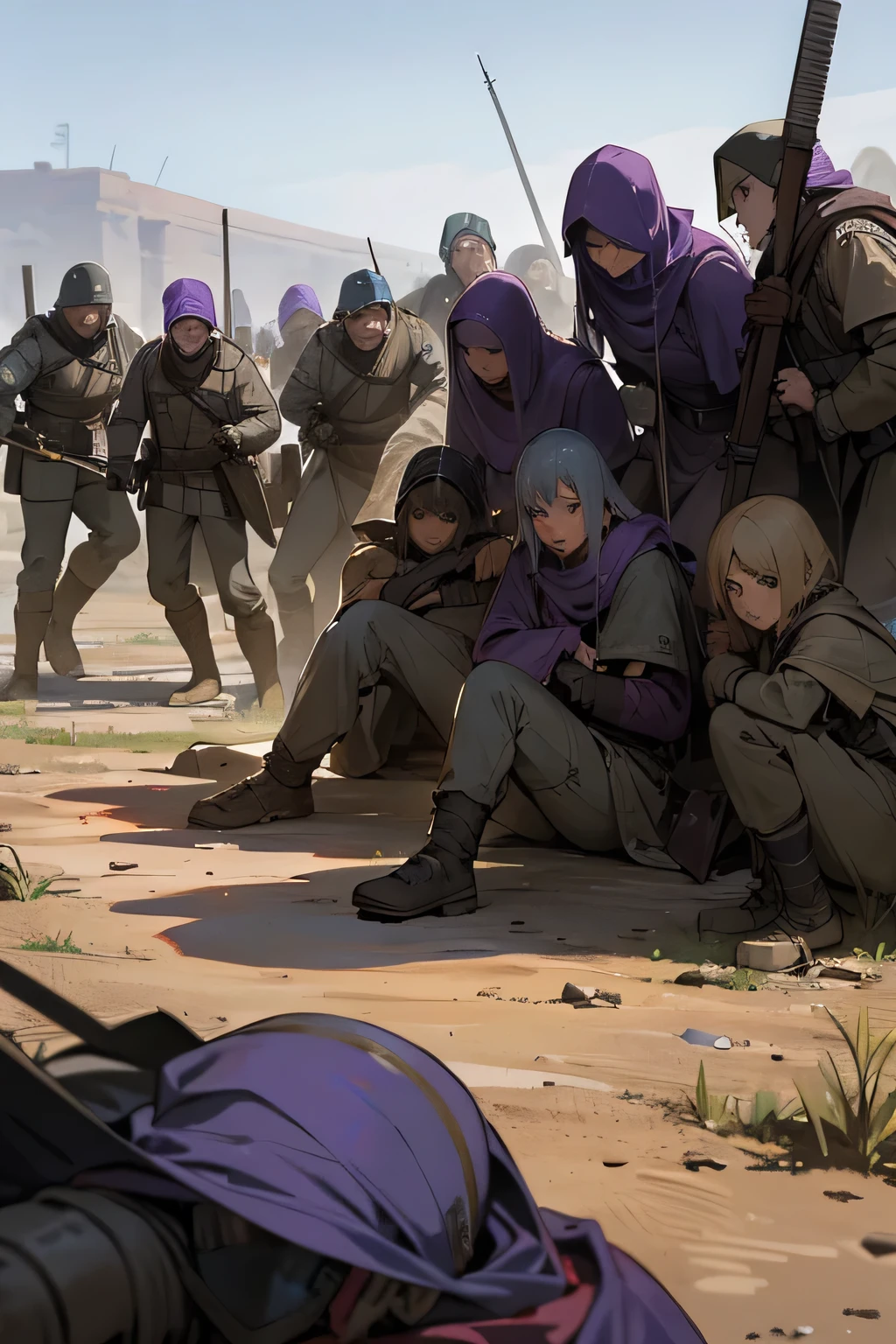 survivors of a great battle, byzantine army, purple army, wasteland battlefield