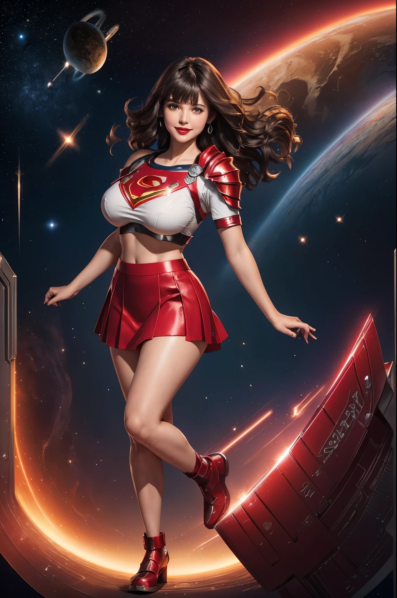 Supergirl, 27 years old, full body view Beautiful woman (((shoulder length wavy brunette hair, two side up with bangs))) defined body, Red lipstick, smiling, hands free, standing facing camera, (( short sleeve, two piece knee length sparkling red futuristic body armor with matching red skirt)), space station orbiting earth, (large_breasts:1.3) (curvy:1.2)