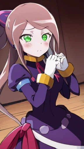 Aile_MegamanZx,1 Girl, Brown Long Hair, Green Eyes, Blushed, Shalltear Dress