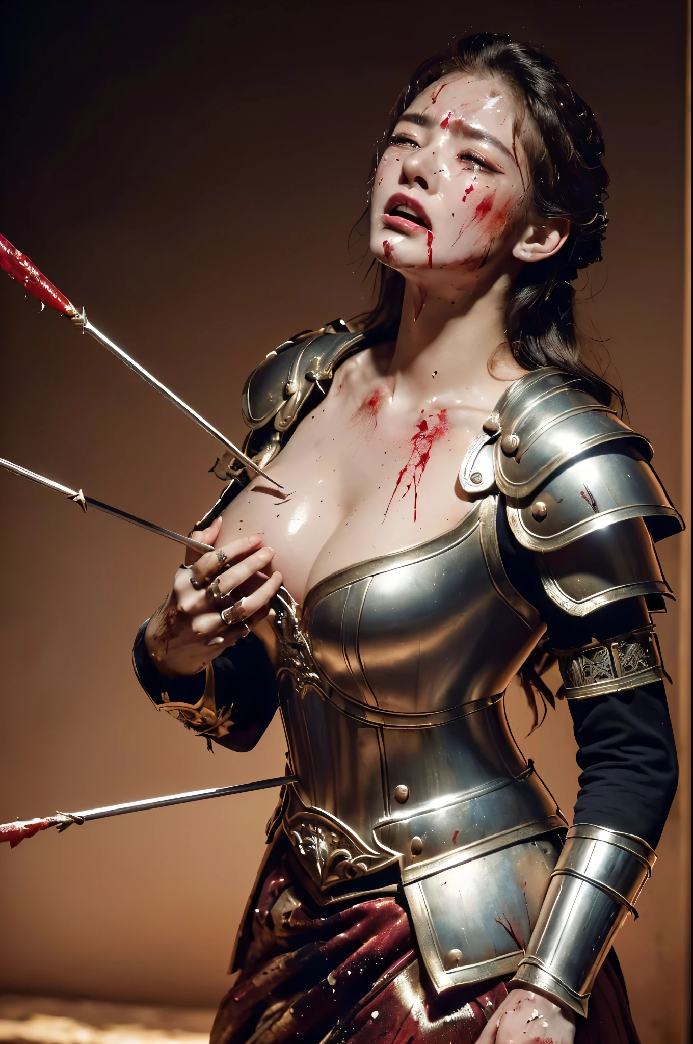 masterpiece, best quality photo, nsfw, a royal female knight is hit by wood arrows and crying, (painful expression:1.2), (detailed clothes; bloody fancy armor, breast exposed, fancy skirt, torn and blood splatted:1.3), (detailed facial expression; grimace, most beautiful, terrified, crying, pain, wide open mouse:1.3), ((crying expression:1.2)), (little fat body shape:1.1)    