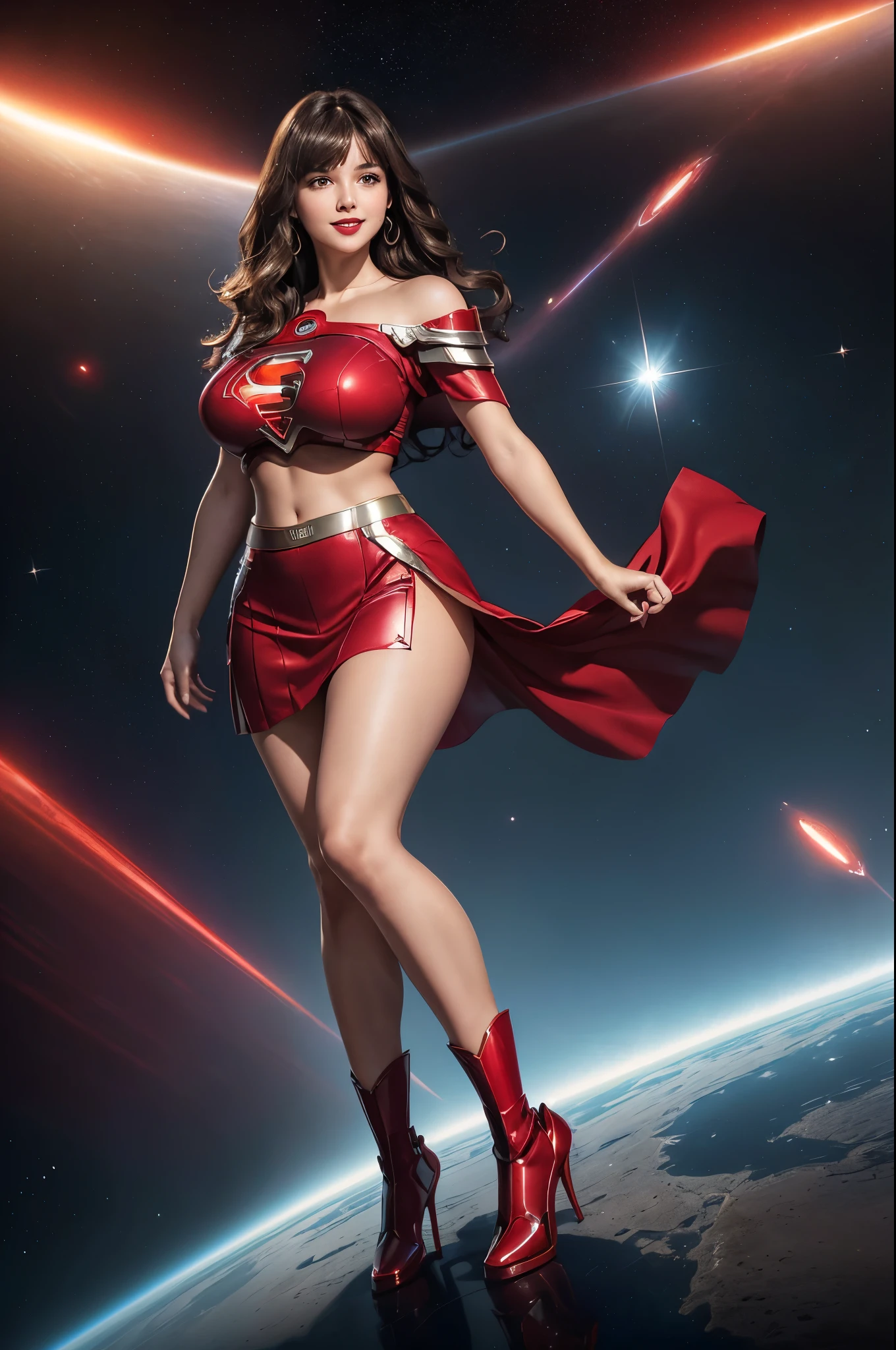 Supergirl, 27 years old, full body view Beautiful woman (((shoulder length wavy brunette hair, two side up with bangs))) defined body, Red lipstick, smiling, hands free, standing facing camera, (( short sleeve, two piece knee length sparkling red futuristic body armor with matching red skirt)), space station orbiting earth, (large_breasts:1.3) (curvy:1.2)