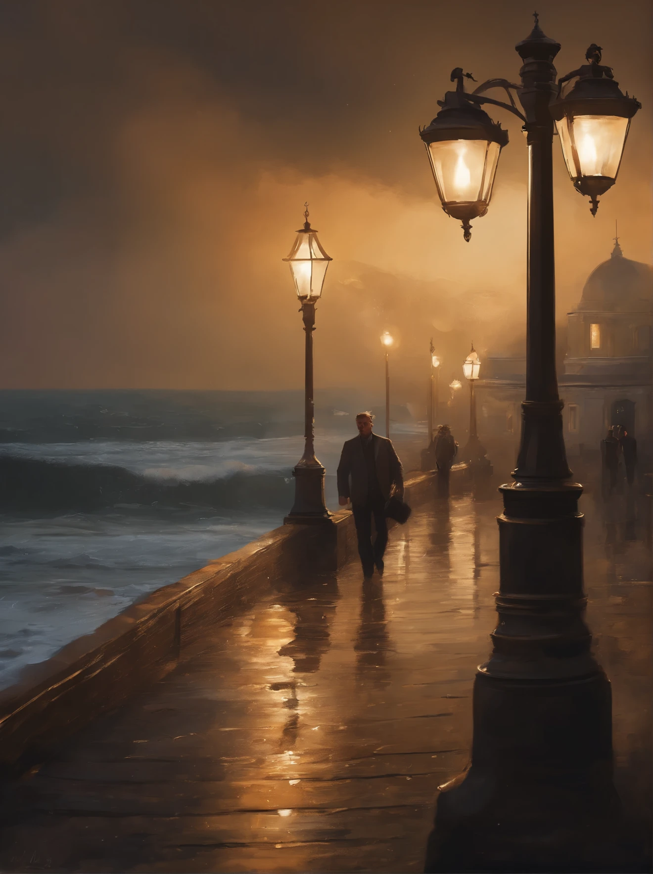 painting of a pier with a light post and street lights, a fine art painting by andrey ryabovichev, trending on cgsociety, conceptual art, andrey gordeev, night sea storm, michael garmash and rob rey, beautiful painting, beautiful art, beautiful depiction, gorgeous painting, alexi zaitsev, dmitry spiros