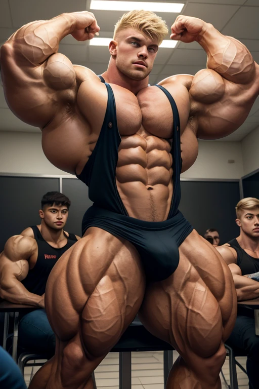 A group of male high school students with bleached blonde hair standing in a classroom staring blankly with open mouth and slumped shoulders as their muscles grow bigger and begin to tear out of their tight shirts, becoming just another group of stereotypical dumb bodybuilder jock bros in the community as they flex to each other and say, "Big, dumb, and strong. Beware our might. Bring victory to the Troglodytes!" in dull voices. A less muscular student watches in horror, even as he starts to flex with them. Hyper muscles. Big biceps. Big triceps. Big traps. Broad shoulders. Massive pecs. Strong abs. Broken Tank top strap. Bulging ??????. Hyper bulge. Bro. Brain to brawn. Brute. Assimilation. Hypnosis. Brainwashing.  Dumber and dumber. IQ drain. Compression gear.
