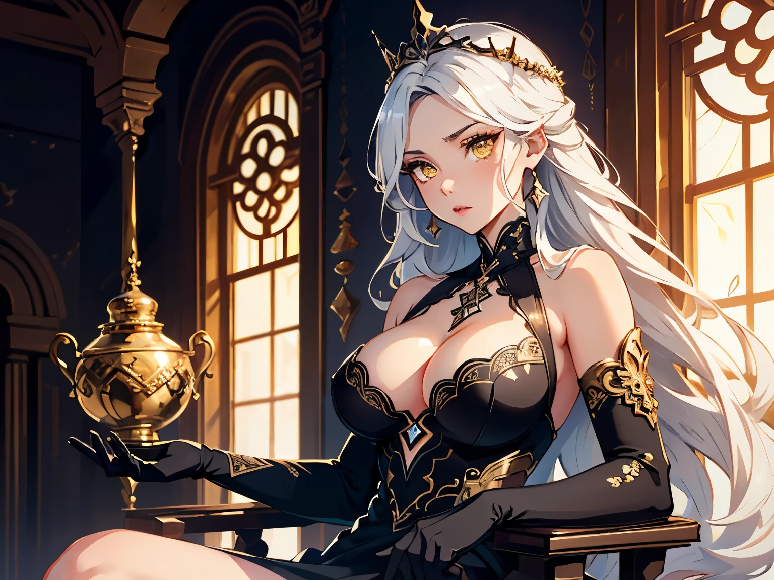 masterpiece, high quality, illustration, extremely detailed, cg unity 8k, 1_women, (upper body), sitting, sitting in throne, (Caucasian skin_complexion:1.4),mature, statuesque, tall, beautiful, exotic, large breasts, shocked expression, hands in lap, nsfw, chest window, ((cleavage)), and halter dress, black ((diaphanous sparkling dress)) with gold trim, crown, black knee_high boots, ((white embroidery elbow gloves)), long white hair, realistic and detailed face having (yellow eyes), ((dark_eyeliner)), long_eyelashes), in luxurious theatre box,