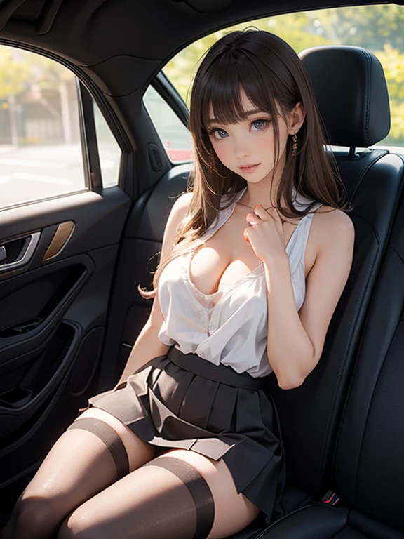 Photo Quality、Masterpiece、slave((Passenger seat of a car、Detailed Background))(30 year old adult woman、Very cute face、Baby Face、round face、Big Eyes、Double、Natural Makeup、Golden ratio proportions)(Blushing、Embarrassed face、Crying)(Moist eyes、cry)long hair、Brown Hair、Transparent white fabric、Tank top、Bold looking breasts、Cleavage、Extremely Miniskirt、Black knee-high pantyhose、Thighs