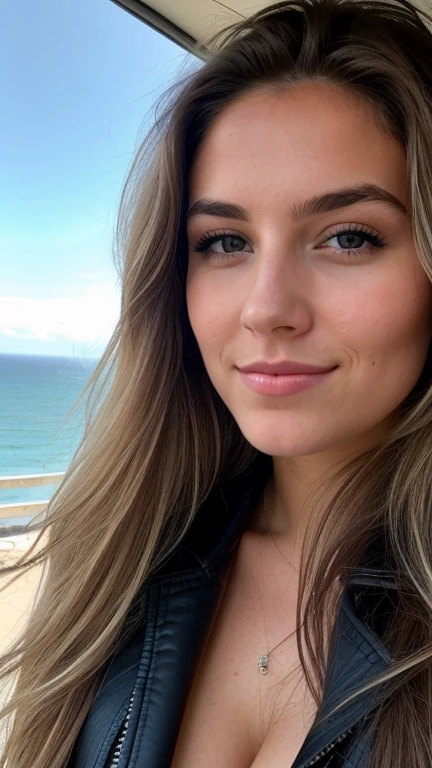 a 23 year old blonde woman takes a selfie outdoors in the sun, beautiful cleavage, perfect breasts the sea completely covers the background, we see the sea in the background, 50mm f/2.8, Photorealism, Cheveux blonds with the racines châtain clair, cheveux blond, cheveux avec des racines brunes, Very long hair, yeux bleus, belle femme, vue de face, very close-up of the face, zoom sur le visage, un blouson d'hiver noir en cuir, high quality, selfie, profondeur de champ courte