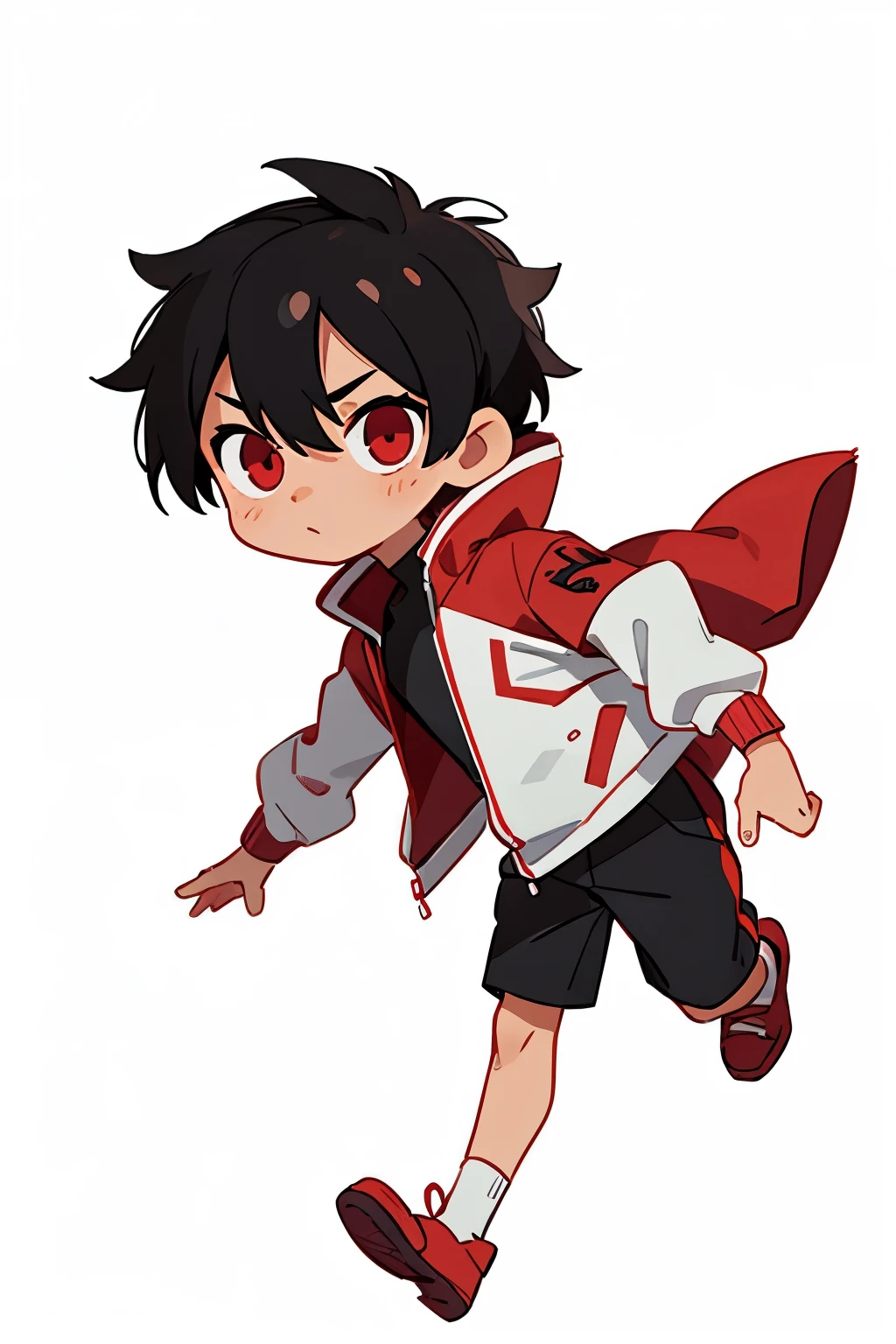 chibi boy character, black hair, red eyes, tan skin, plain white background, highest quality, red black and white jacket