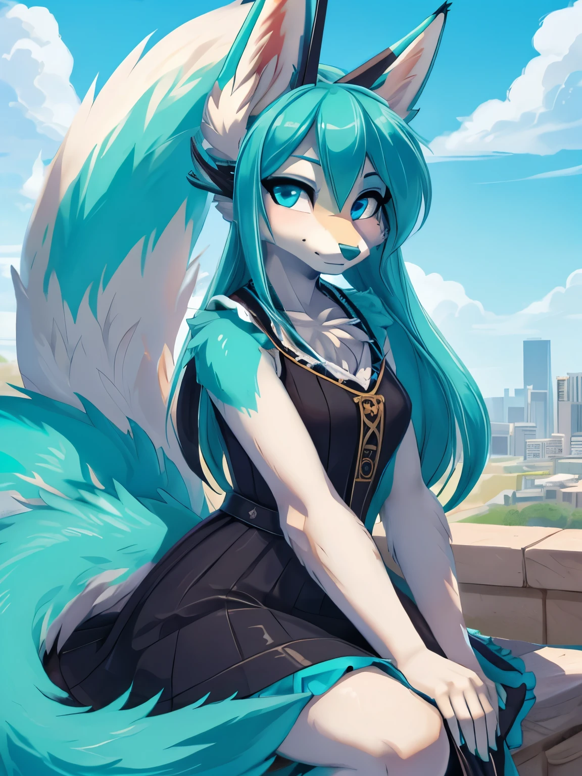 Hatsune miku vixen aqua fur, fox face elongated snoutMasterpiece High quality High resolution、Anna Tanaka , broad, Sit with your knees bent、Eight-headed body、beauty legs 、on a park bench add_detailsl,As if looking up from below、embarrassed add_detail:1, very horny teen, horny expresion face add_detailsl, bitch in heat, bleding add_detailsl, sugestive red dress add_details