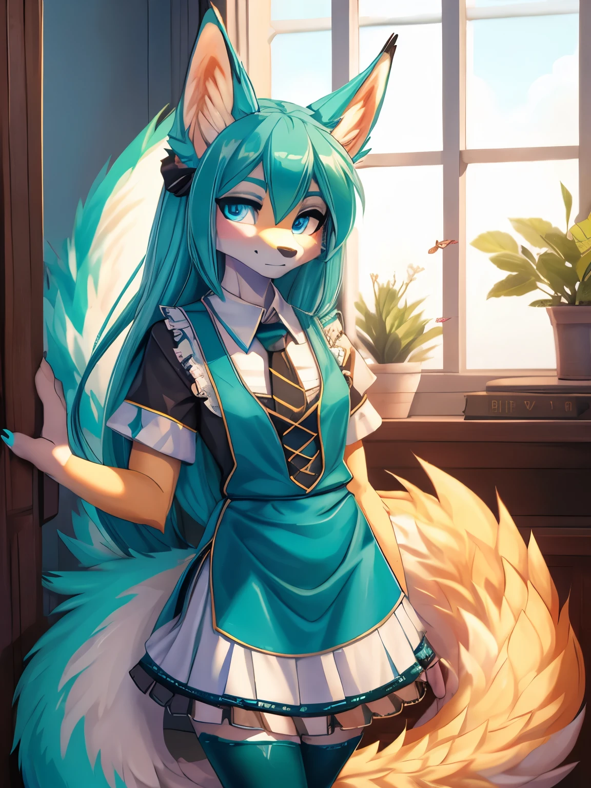 Miku Hatsune, alta definicion, 18 years old girl, orejas de kitsune, college girl, vestido japones, deep blue eyes high definition