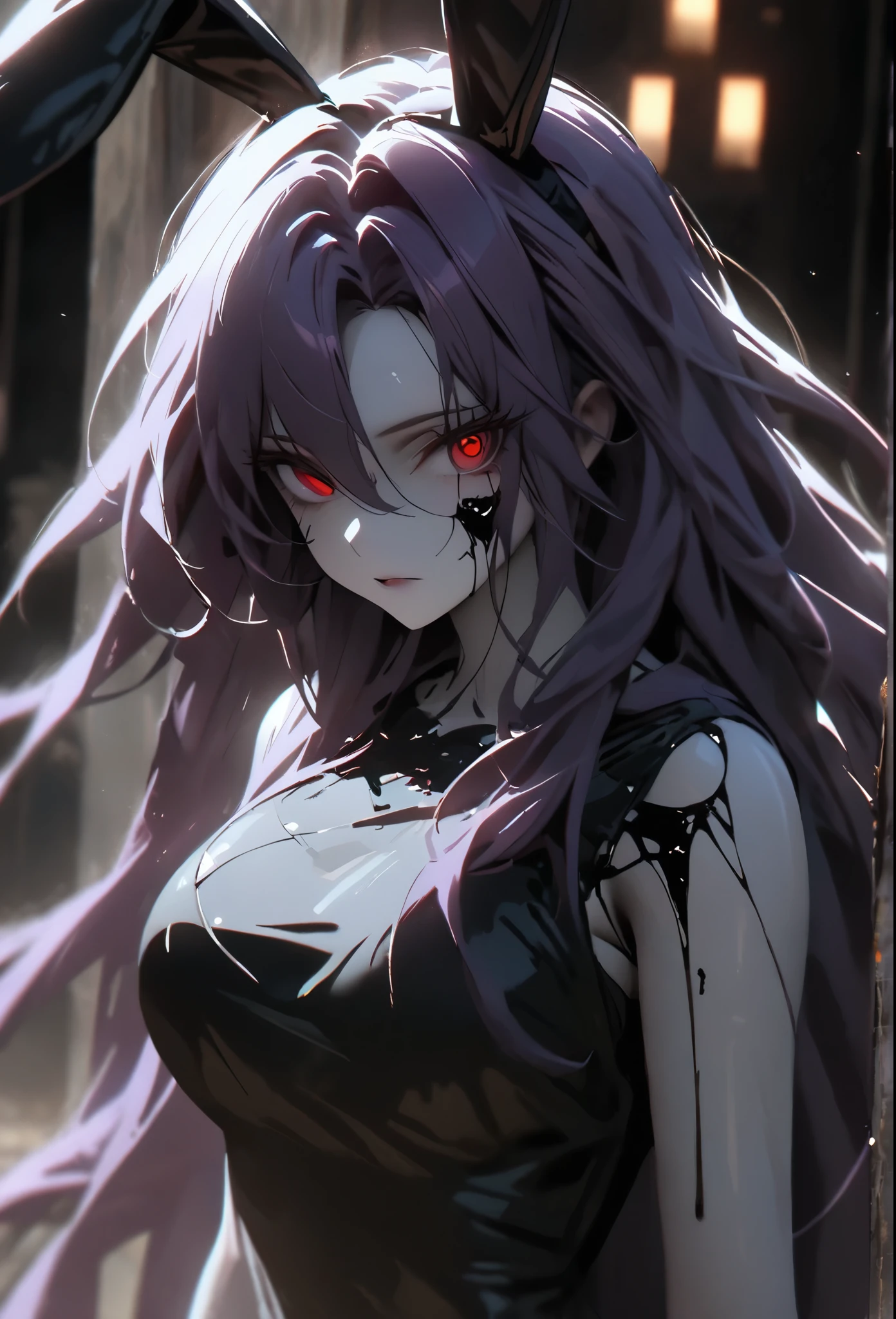 (solo), purple hair, messy hair, mane hair, Long hair, dense hair, wild hair, expressive hair, mature,(25 year old), pale skin, red eyes, ((Female)), beatiful girl, wearing a purple hoodie, beautiful, attractive, bunny ears, purple bunny ears, Monster, half skeleton face, Ribs showing, black liquid, Giant breast, Attack position, eye reflection, depth of field, thunder aura,cinematic lighting, ray tracing, depth of field, cinematic lighting, ray tracing, UHD, high details, best quality, highres, high quality, award winning, super detail, masterpiece, 8k, UHD, high details, best quality, highres, high quality, award winning, super detail, masterpiece, 8k, digital art, anime coloring, body shot, good face, perfect face, detailed face, good eyes. Dark closet.