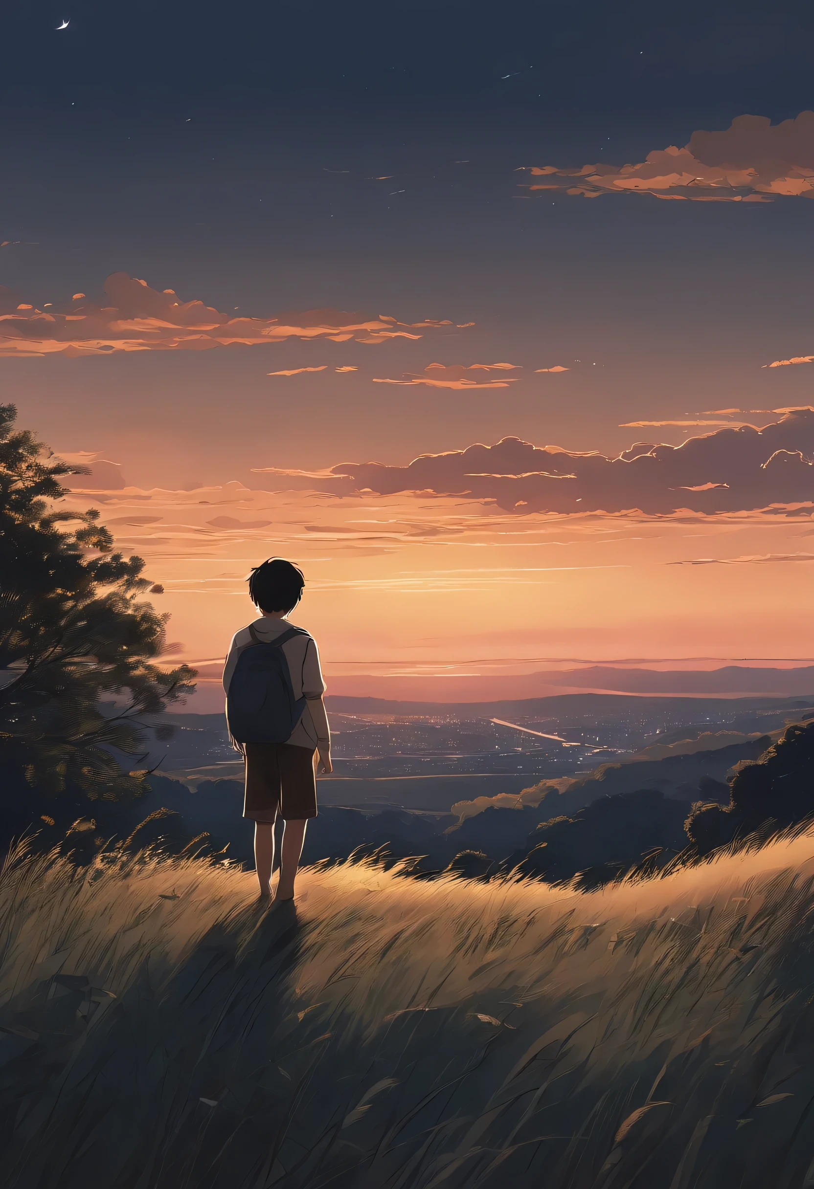 The boy carries a pigeon,standing on a hill,Look at the sky at the night,in the style of makoto shinkai, Makoto Shinkai's style,2D line drawing,anime figure (night)