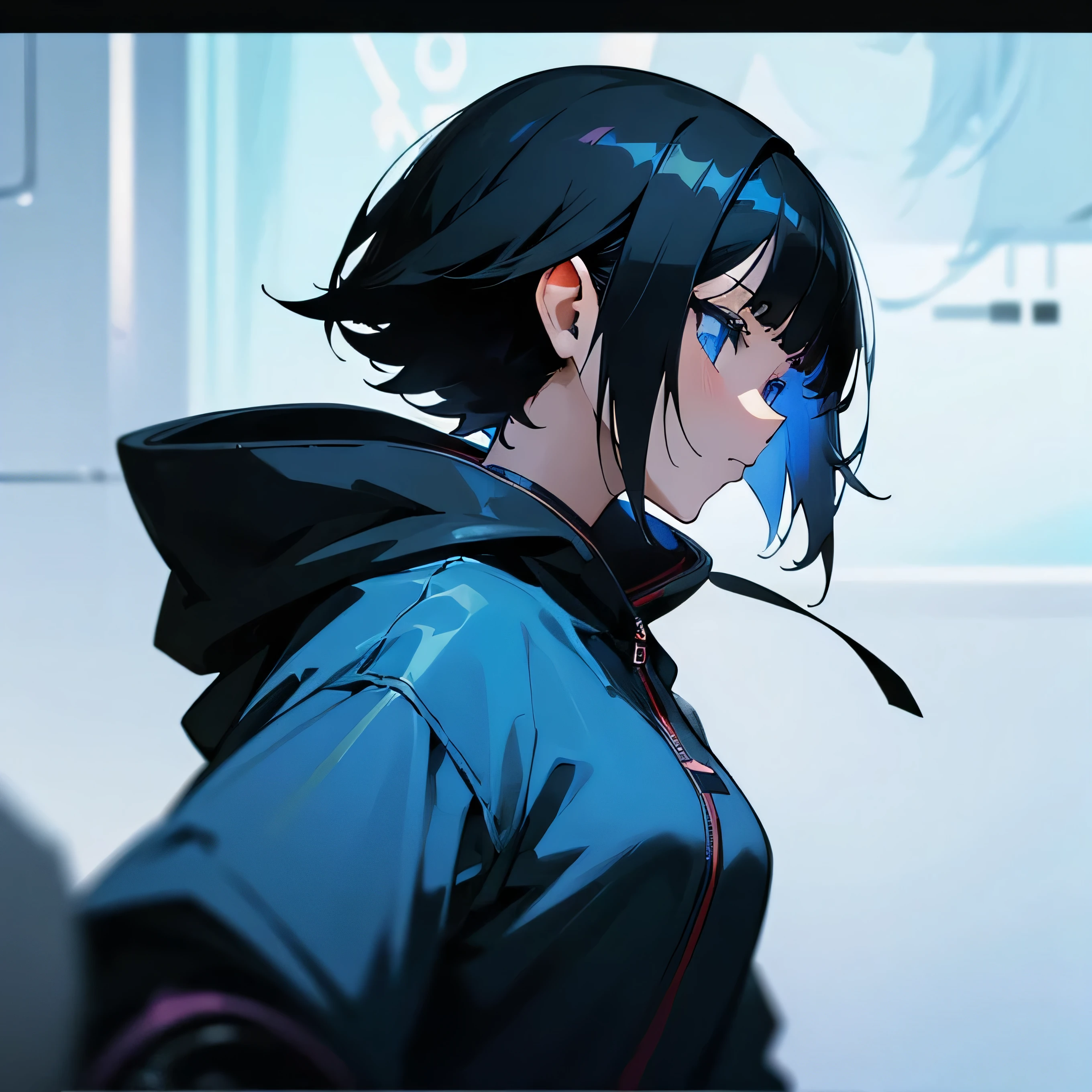 1girl, cyber outfit, anime, cybernetic, short black hair , black hoodie, skirt, cyber mask, blue eyes, anime, cinematic shot, face close up, blur background, side profile