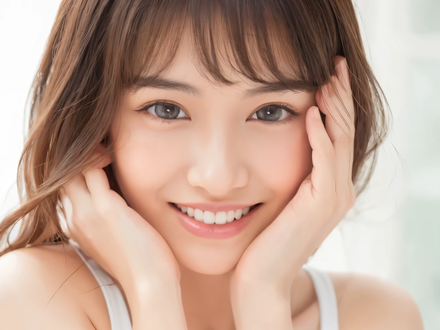 (Realistic、High resolution:1.3)、Japanese,20-year-old,Smiling with teeth showing,The bangs are swept back,The background is pure white,Spread your elbows and place your face on your hands、Pure white teeth,Big eyes,Clean and fresh,Salon Style,Beauty Salon,Upper body only,Looking into the camera,The Nation's Daughter,Realistic Skin,Hair ,Advertising photo style、Poster photo,Cross your arms in front of you:1.5,歯のホワイトニングのPoster photo:1.6,Big eyes,Big Mouth,Small Nose