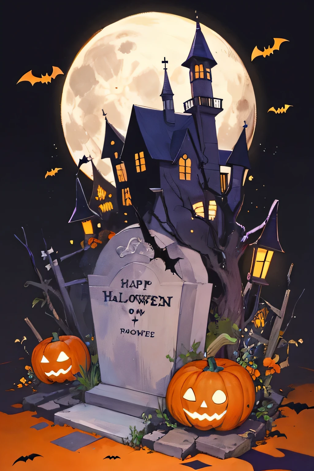 Halloween、pumpkin、Bat、building、full moon、Grave、pastel colour、Background painting