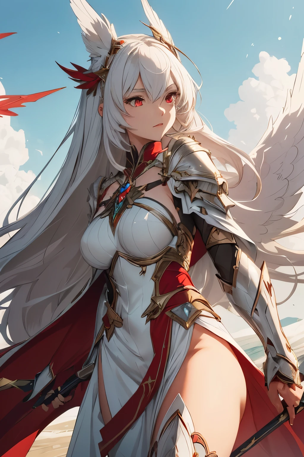 "Anime Game Style Masterpiece: A Legendary Character named Seraphina Starwing, renowned for her fearlessness. Sporting long, verdant hair cascading down her back, she possesses striking red eyes, with no luminescence, adding an air of mystery. Two tiny, intricate wings gracefully adorn her head, a symbol of her unique lineage. Completely armored in pristine white cataphract-style armor, every inch of her full feminine body is meticulously covered, exuding strength and elegance. A vibrant red cape billows behind her, catching the wind as she charges forward, spear in hand. Adorned with natural lipstick