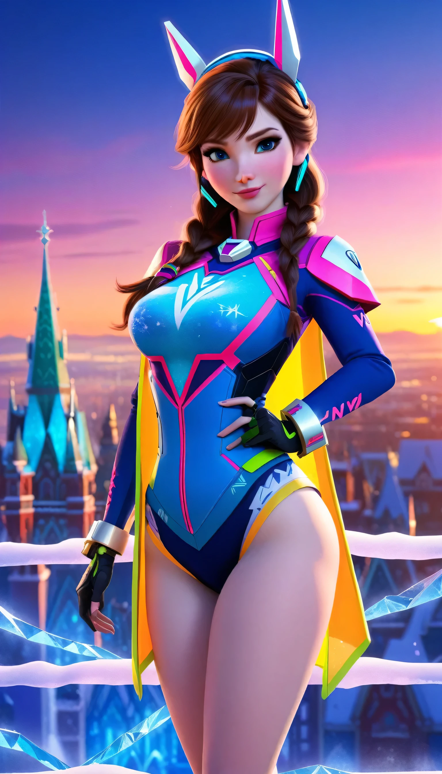 ((anna frozen and d.va merged:1.3)), merged, sexy, half body, metropolitan background, sunset, sexy attire, (high quality), (masterpiece), negative_hand