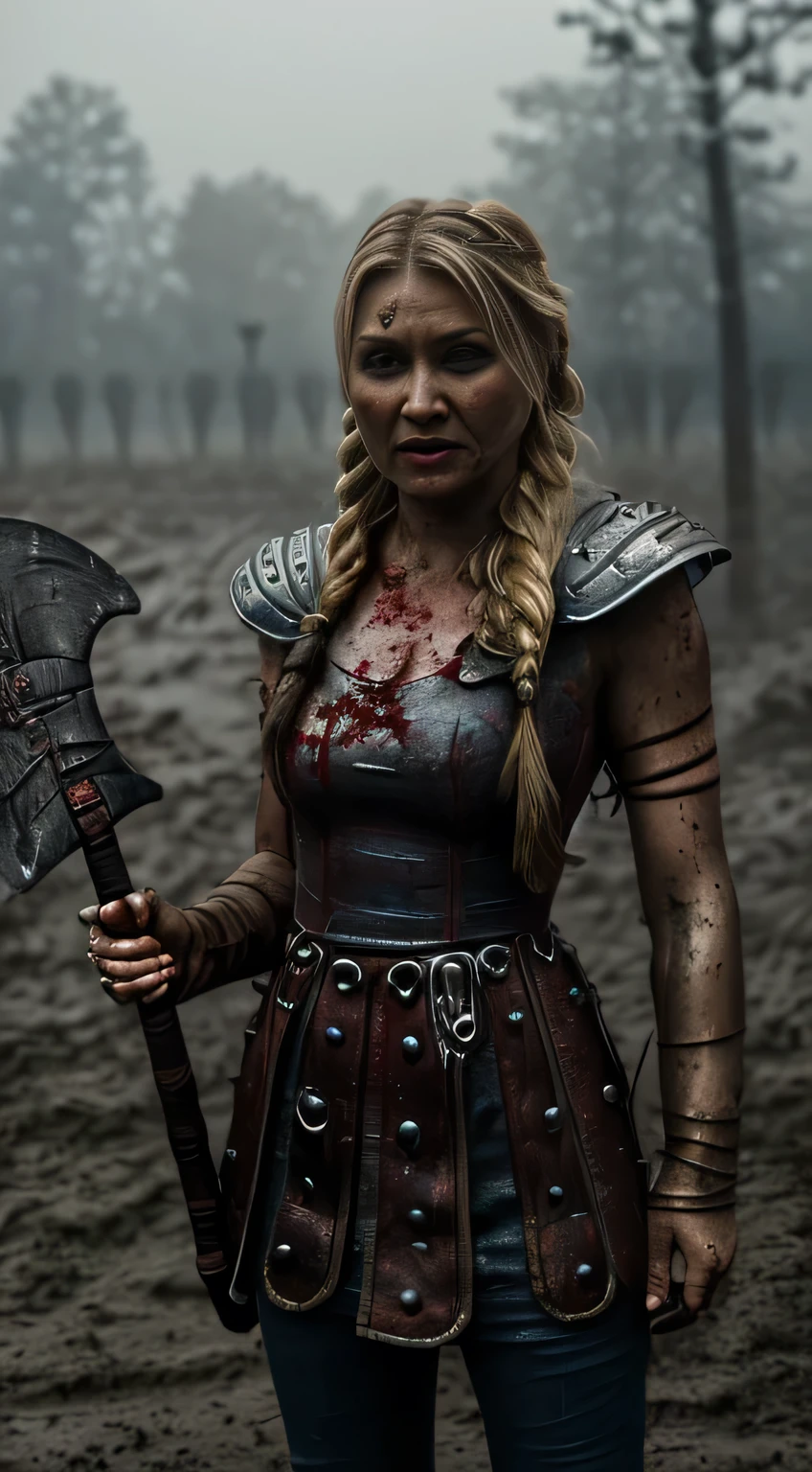 photorealistic  portrait shot in the style of Zak Noyle. Very rainy day, lots of fog, astridWaifu,(long hair, blonde, blue eyes, braid:1.2), (armor:1.2), angry face, viking warrior woman))) (((covered in mud, blood))), stained leather bodice,torn clothes,  (((holding an axe))), battlefield background, fog, mist, rain, mud , dust, blood, war, screams, 4k, sharp focus