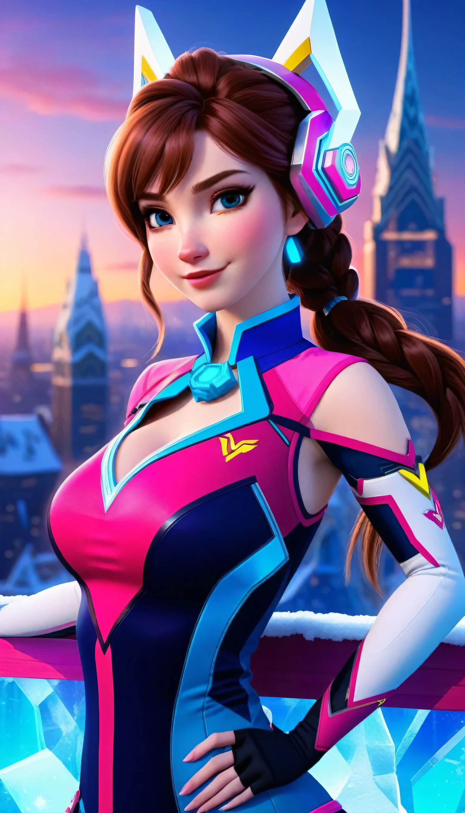 ((anna frozen and d.va merged:1.3)), merged, sexy, half body, metropolitan background, sunset, sexy attire, (high quality), (masterpiece), negative_hand