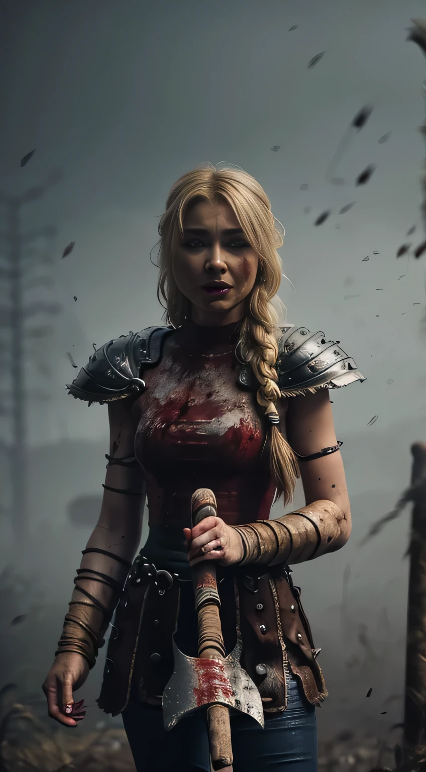 photorealistic  portrait shot in the style of Zak Noyle. Very rainy day, lots of fog, astridWaifu,(long hair, blonde, blue eyes, braid:1.2), (armor:1.2), angry face, viking warrior woman))) (((covered in mud, blood))), stained leather bodice,torn clothes,  (((holding an axe))), battlefield background, fog, mist, rain, mud , dust, blood, war, screams, 4k, sharp focus