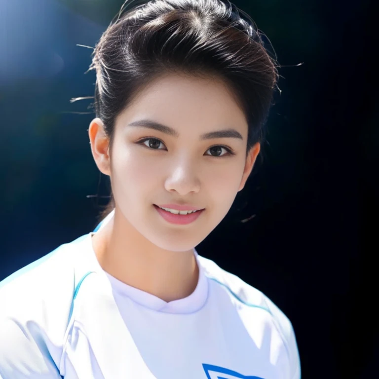 Asian woman Arav in a blue and red volleyball uniform poses for a photo., Wear a volleyball shirt., Height 165 cm, Height 155 cm, Wear a basketball shirt., Shin Min Jung, Cute sportswear, wearing a swimsuit, Seson Yoon, With a backdrop of natural light., Korean female fashion model, Heonhwa Cho