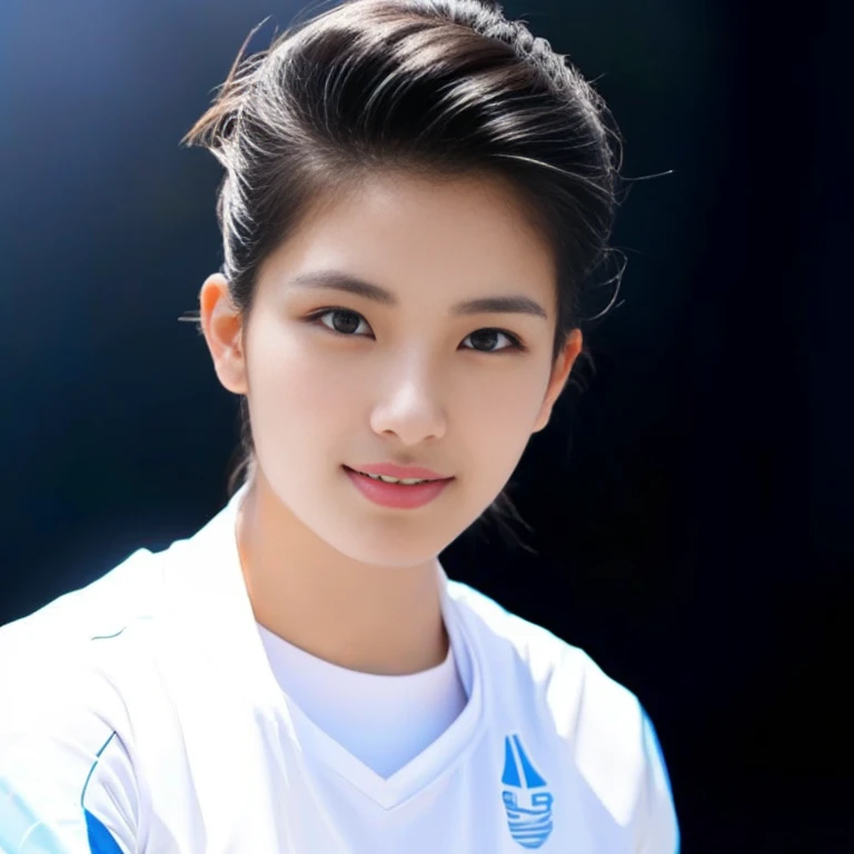 Asian woman Arav in a blue and red volleyball uniform poses for a photo., Wear a volleyball shirt., Height 165 cm, Height 155 cm, Wear a basketball shirt., Shin Min Jung, Cute sportswear, wearing a swimsuit, Seson Yoon, With a backdrop of natural light., Korean female fashion model, Heonhwa Cho