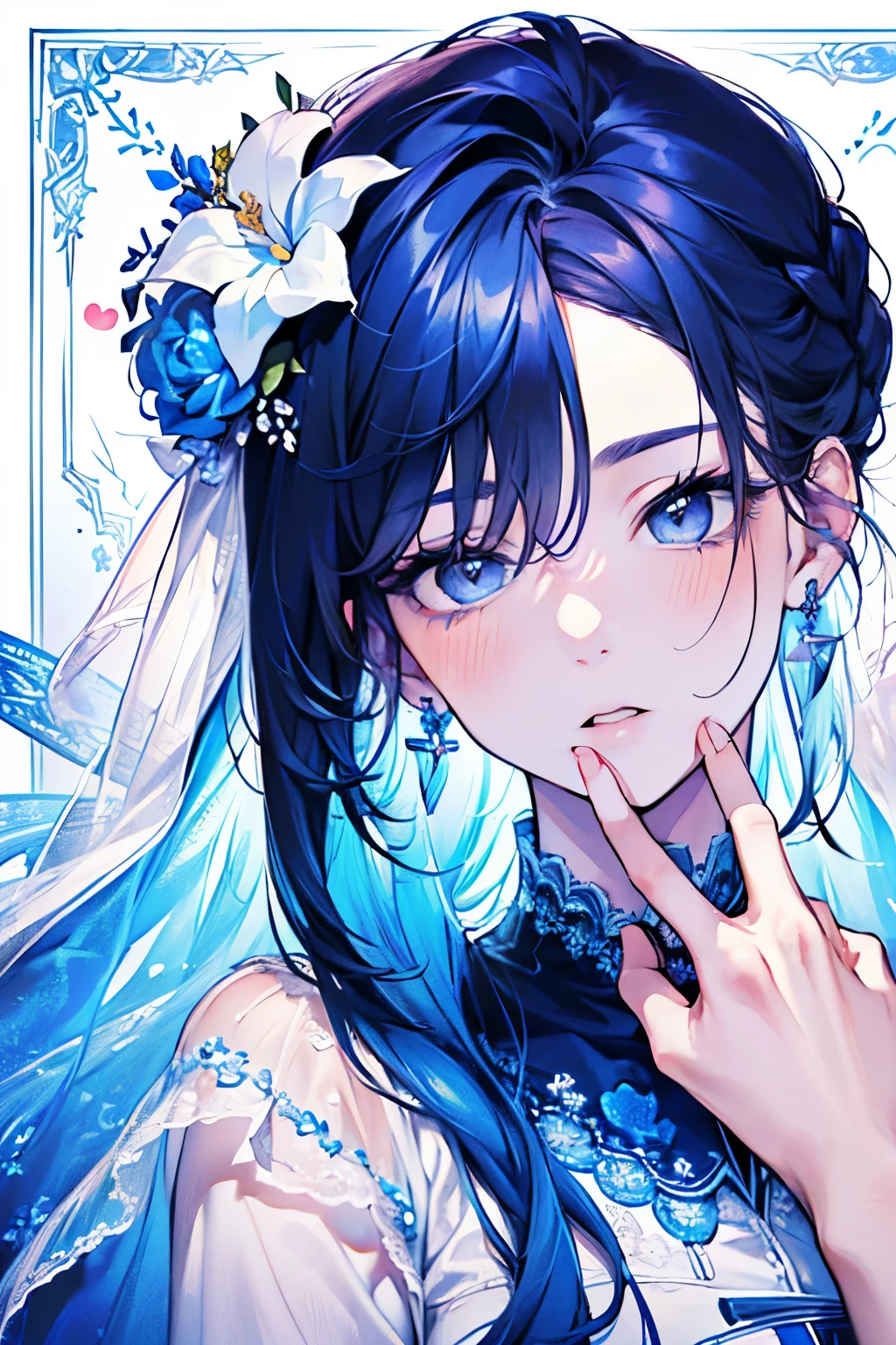 ((17years old man:1.3)), masterpiece, best quality, braid hair, dark blue hair, (half up and half down hair:1.1),(portrait),white wedding dress,(pop and cute flower pattern background), (perfect hand),(blue,white),looking front,((Large and gorgeous earrings:1.1)),(KISS Face:1.35),((upper body)),((heart:1.2)),((hand to own mouth:1.35)),(blush:1.3)