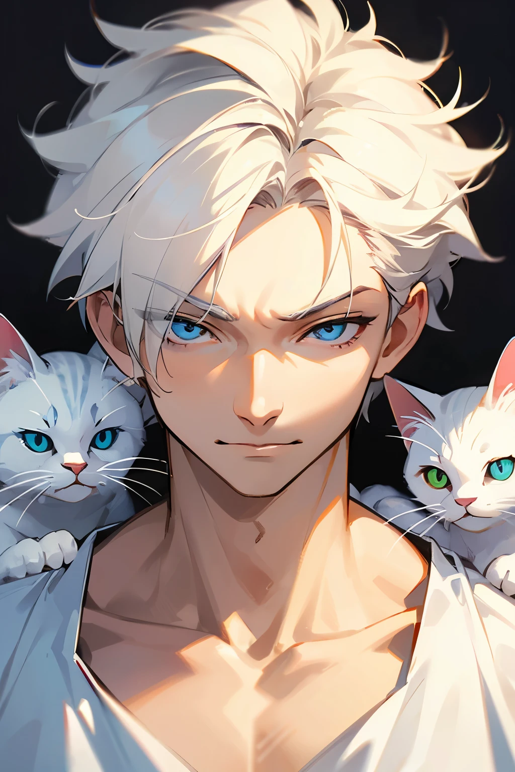 White cat with different eyes in the bushes, squinting eyes, white shirt, face close-up, clavicle, boy smiling, charming and sexy