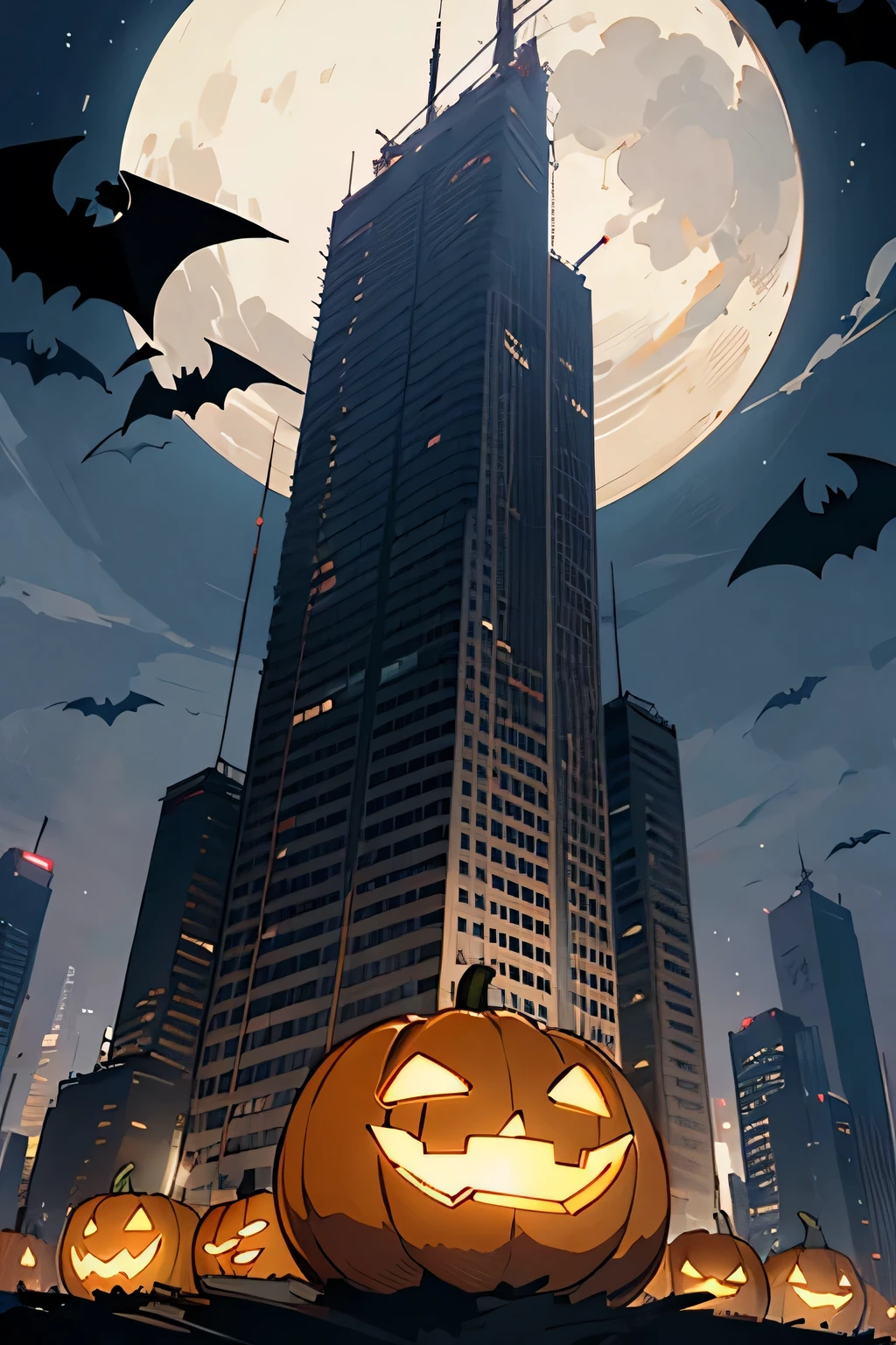 Halloween、pumpkin、Bat、building、skyscraper、full moon、Grave、most、pastel colour