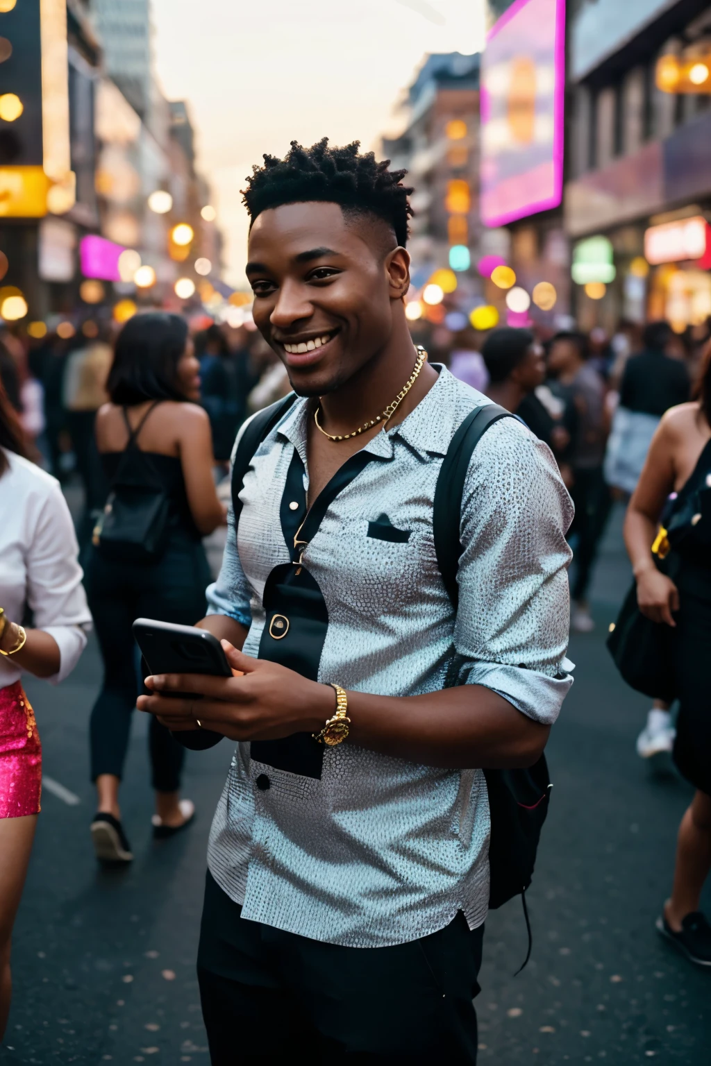black Man looking at his phone smiling, dressed casually with a joyful expression, standing on a busy city street, colorful billboards and bustling crowds in the background, vibrant and energetic atmosphere with evening lights,