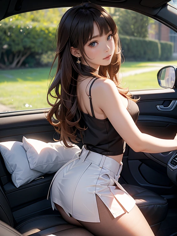 Photo Quality、Masterpiece、slave((Back seat of a car、Detailed Background))(30 year old adult woman、Very cute face、Baby Face、round face、Big Eyes、Double、Natural Makeup、Golden ratio proportions)(Blushing、Embarrassed face、Crying)(Moist eyes、cry)(long hair、Brown Hair)(Transparent white fabric、Tank top、Cleavage)Extremely Miniskirt、Thin black knee-high pantyhose、Thighs