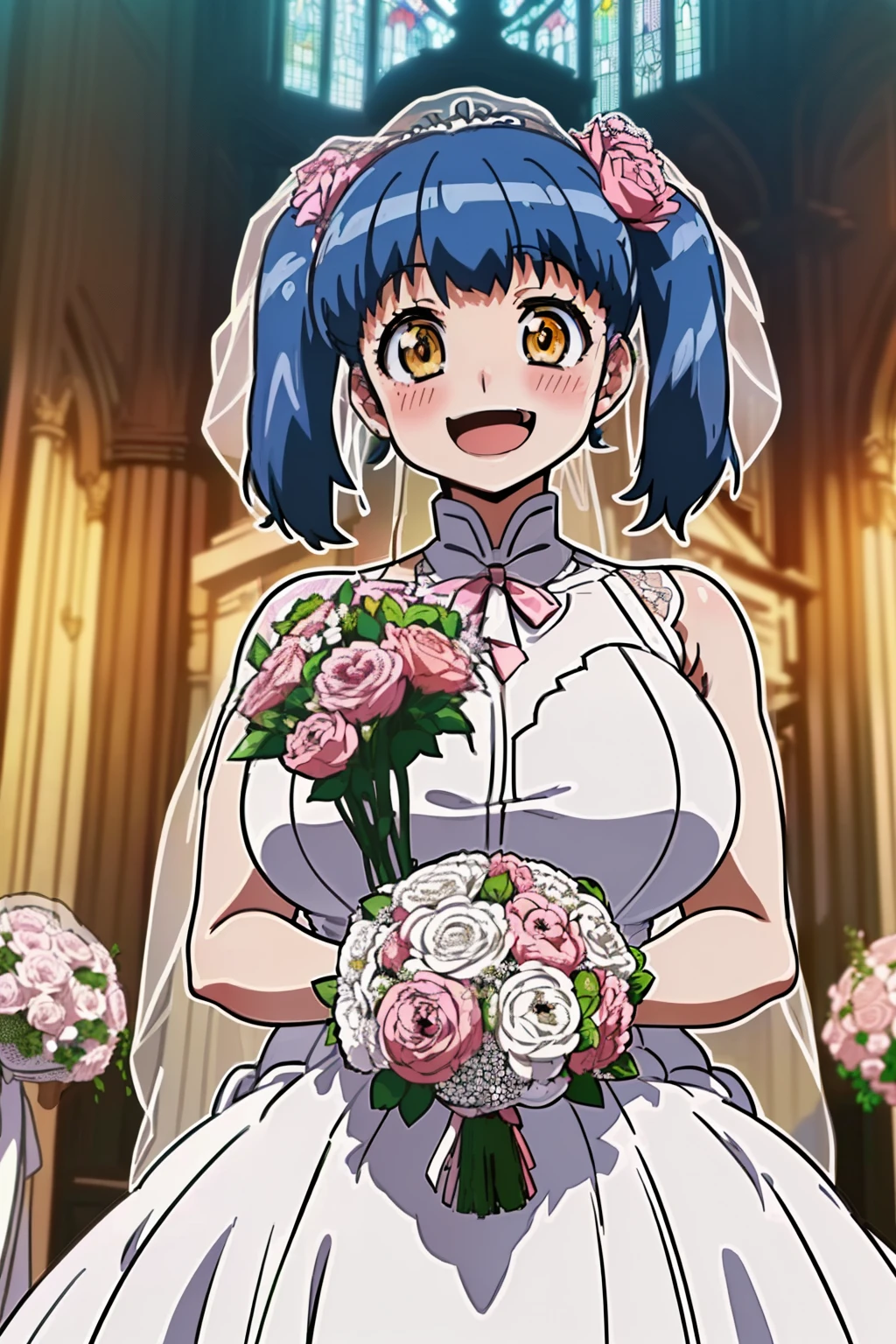 (thick outline:1.5),(official art,anime coloring,anime style,high quality、high resolution、masterpiece:1.3),(blue hair,orange eyes,twin tail,fang,tuile_(gravion),two side up,(gigantic breasts:1.1),(blush,happy smile,open mouth,church、Wedding dress、Holding a bouquet:1.5)