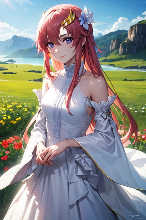 (masterpiece),best quality,high resolution,(illustration),(beautiful detailed eyes),detailed face,perfect lighting,(perfect hands, perfect anatomy),1girl,lacusclyne,lacus clyne,(purple eyes:1.1),hair ornament,long hair,wave hair ornament,pink hair,long dress,white dress,long sleeves,white sleeves,frills frilled skirt,frilled sleeves,detached sleeves,bare shoulders,purple skirt,purple frills,pov,cowboy shot,lovely smile,outdoors,flower,grassland,classic house,sea,hill