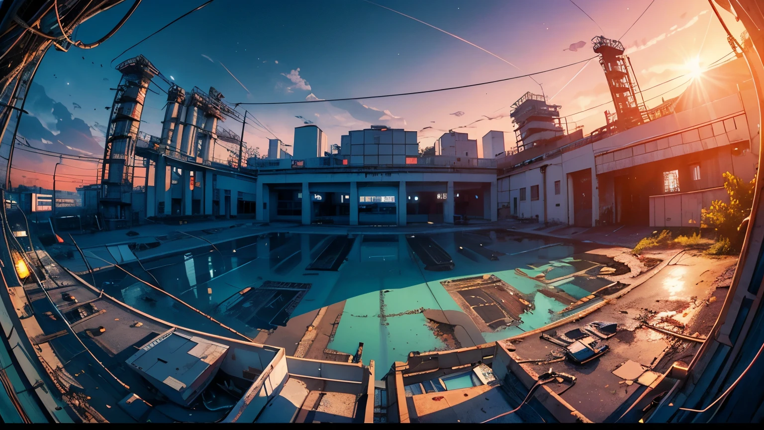 (Fish-eye),Icon, Logo, Very Wide White Background, Extreme Quality, Masterpiece, 8k, Depth of Field, Complex Detail, (No People), Very Large Margin, Lots of Text, Corporate Logo, Space, Emblem, Movie Poster-Like, (Abandoned Factory), (Lots of Wires), Moon, Sun Flare, (sunset),nostalgia, sea