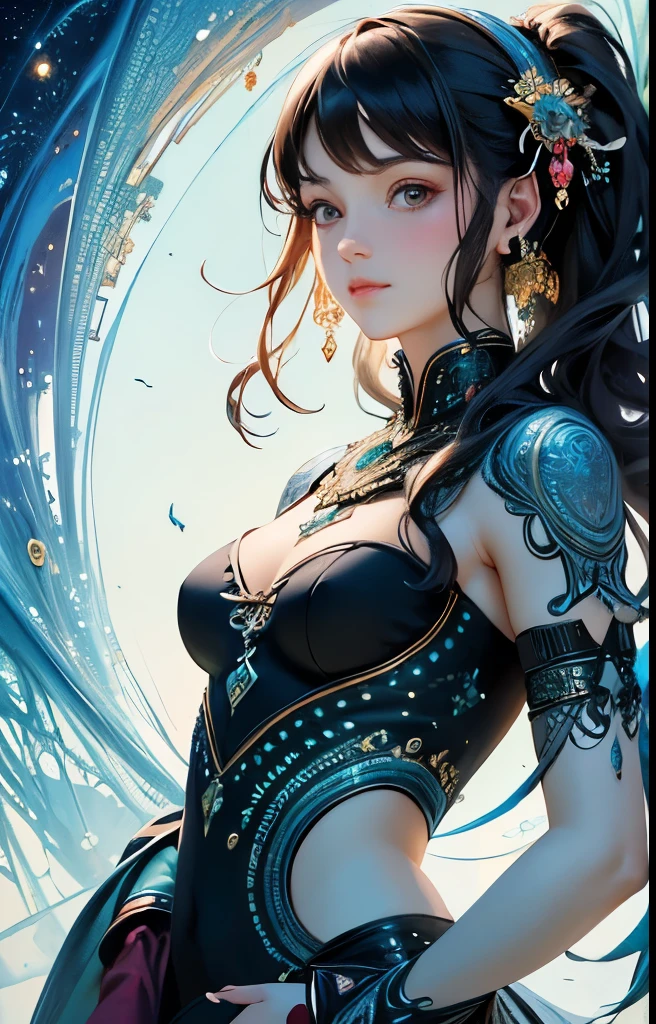 8K, realistic, ultra high definition, super detail, young girl 18 years old, shiny detailed hair, dragon ears, detailed face, dragon features, fantasy scenery, solo, looking at viewer, {{best quality}}, {{masterpiece}}, {{super detailed}}, {detailed lighting}, ultra high quality eyes, detailed eyes, perfect eyes, big eyes, blue eyes, sexy tattoo, black hair, long hair, metal dragon horns, beautiful earrings, beautiful, thin figure, fair skin, armor