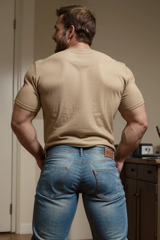 Award-winning original photoen, 30 years old man and wild muscular man, 40 years old, short beards, burly, hunk, wearing shirts, smilling happil, detailed, lovely, full body,  (((beige jeans))) (((backside))) 