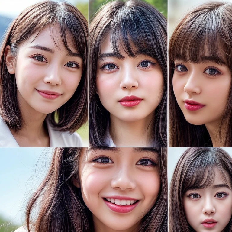 Best_Quality, (masterpiece:1.2) of Hi-Res photo, (realistic and photorealistic with touch of rawness:1.37), (Panoramic) (group photo:1.6), (((SchoolGirls))) (Surrounding the camera), (Filled with many Faces), (NOGIZAKA face variations:1.4), { (Looking down at the camera) | (Kissing face to face) }, (((close:1.4, Face closeup from below:1.4))), (((Sky background) with CherryBlossoms)) . BREAK Extremely Detailed KAWAII face variations, captivating gaze, elaborate detailed Eyes with (sparkling highlights:1.2), long eyelashes、Glossy RED Lips with beautiful details, Coquettish tongue, Rosy cheeks, Glistening ivory skin . { (Dynamic joyful expressions) | (:D) | (Kissing) | Tongue out | Updos | Bob }, Childish .