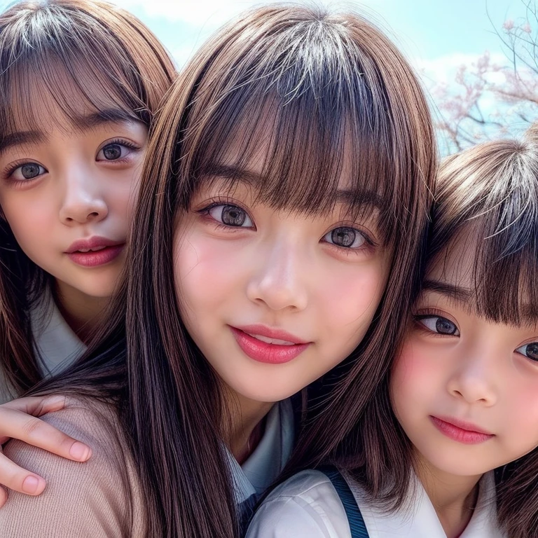 Best_Quality, (masterpiece:1.2) of Hi-Res photo, (realistic and photorealistic with touch of rawness:1.37), (Panoramic) (group photo:1.6), (((SchoolGirls))) (Surrounding the camera), (Filled with many Faces), (NOGIZAKA face variations:1.4), { (Looking down at the camera) | (Kissing face to face) }, (((close:1.4, Face closeup from below:1.4))), (((Sky background) with CherryBlossoms)) . BREAK Extremely Detailed KAWAII face variations, captivating gaze, elaborate detailed Eyes with (sparkling highlights:1.2), long eyelashes、Glossy RED Lips with beautiful details, Coquettish tongue, Rosy cheeks, Glistening ivory skin . { (Dynamic joyful expressions) | (:D) | (Kissing) | Tongue out | Updos | Bob }, Childish .