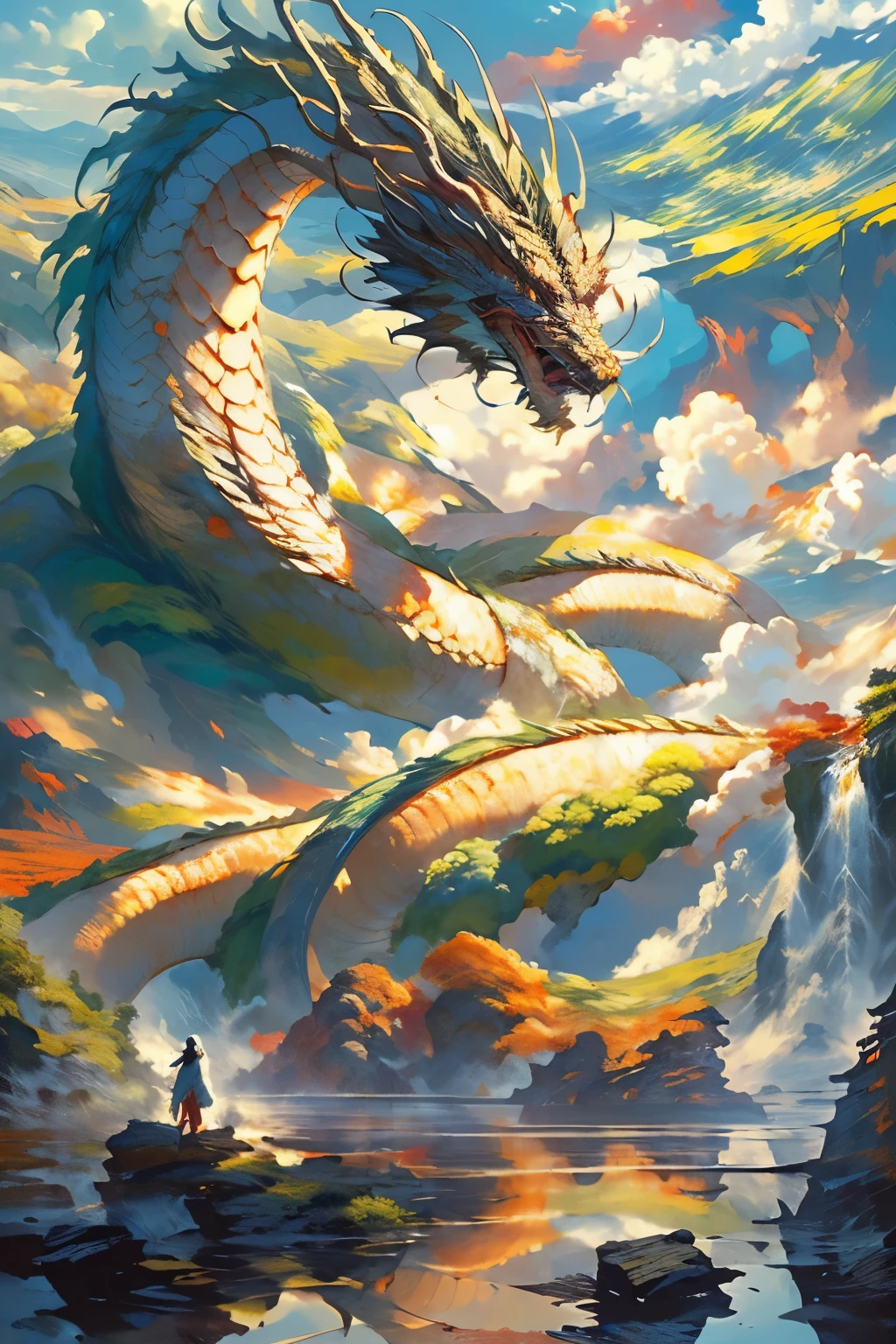 (masterpiece:1.2),best quality,(very astetic1.3),Red,Chinese dragon,
cloud,outdoors,water flow ,lava mountain,sun flower,sky,cloudy sky,scenery,dragon,reflection,eastern dragon,grass,day,oversized animal,fantasy,eternal sun
