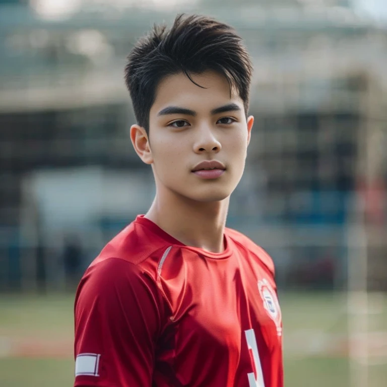 Young Asian man Arav in a blue and red volleyball uniform poses for a photo., Wear a volleyball shirt., Height 165 cm, Height 155 cm, Wear a basketball shirt., Shin Min Jung, Cute sportswear, wearing a swimsuit, Seson Yoon, With a backdrop of natural light., Korean female fashion model, Heonhwa Cho