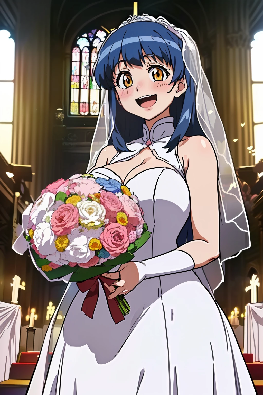 (thick outline:1.5),(official art,anime coloring,anime style,high quality、high resolution、masterpiece:1.3),(blue hair,orange eyes,long hair,fang,tuile_(gravion),hair down,(gigantic breasts:1.1),(blush,happy smile,open mouth,church、Wedding dress、Holding a bouquet:1.5)