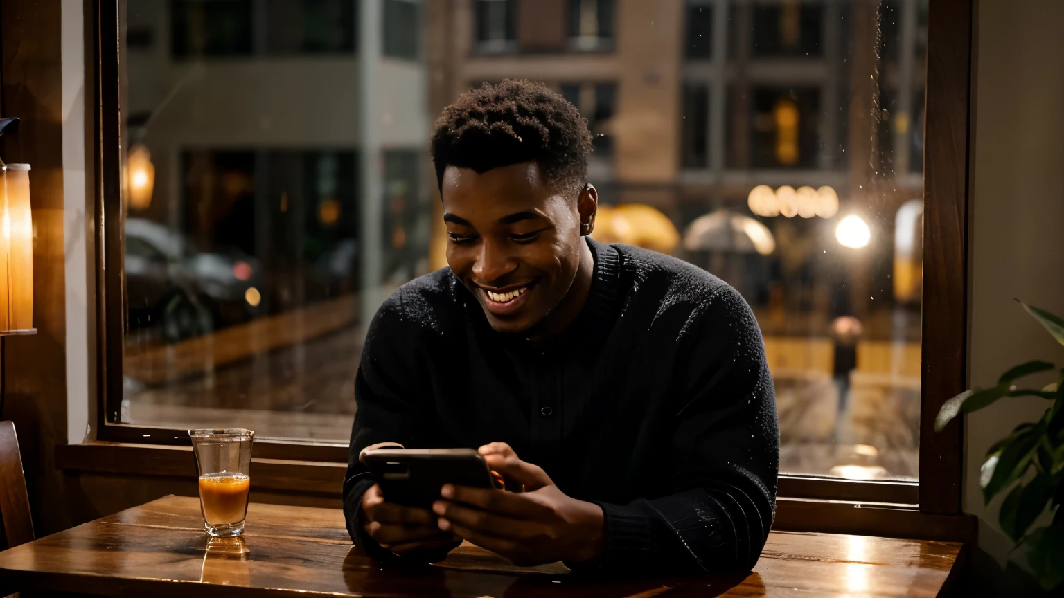 black Man looking at his phone smiling, his face reflecting happiness and surprise, sitting in a cozy coffee shop, warm wooden furniture and soft lighting with a view of a rainy street through the window, intimate and relaxed ambiance