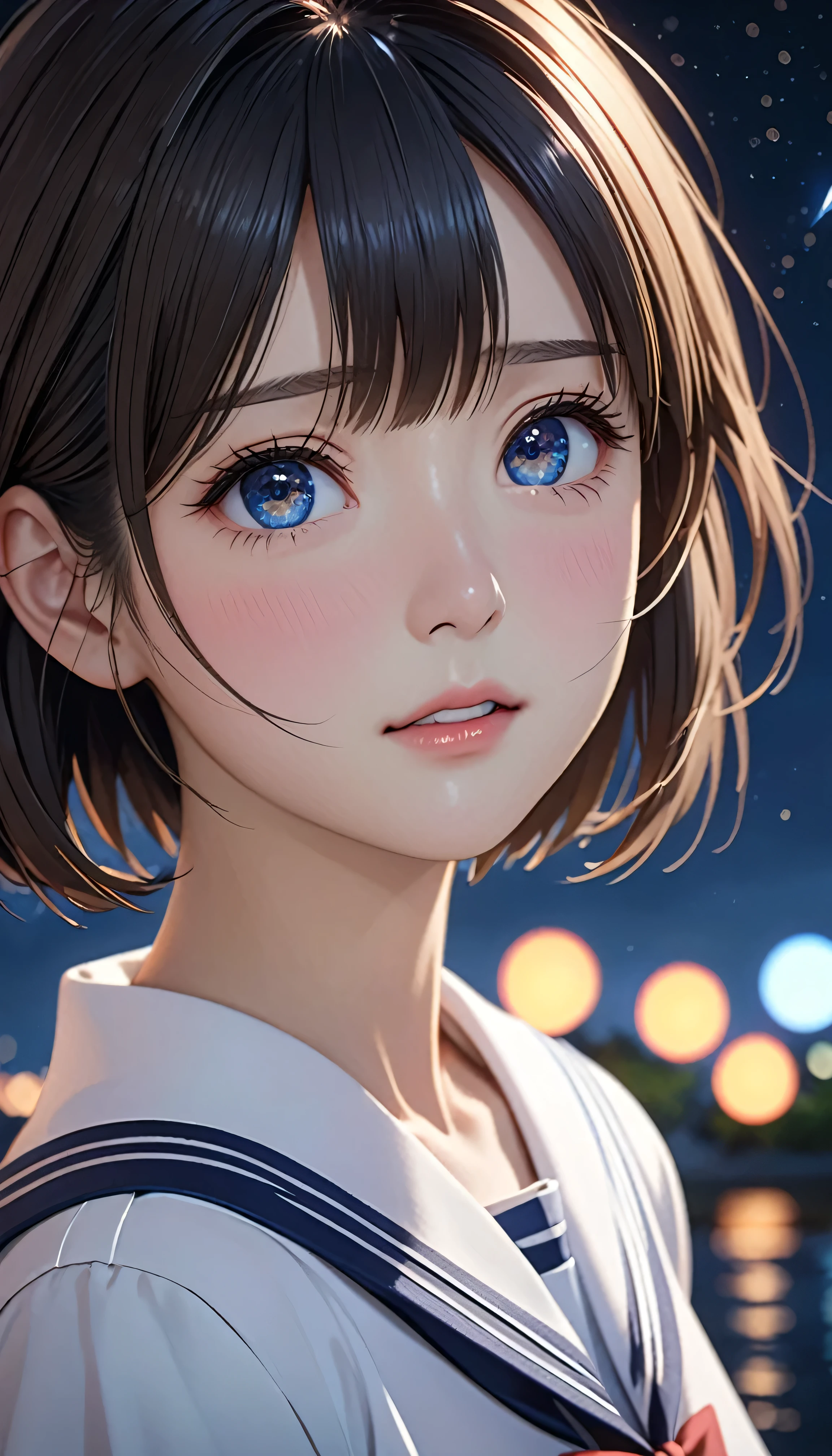 National Science Foundation,masterpiece,High resolution,8K,Art,digit,Three-dimensional,Realism,Kyoto Animation Style,your name movie style,Facing the camera,night,midnight,Light,(1 female: 1.3),(alone: 1.4),(Student sailor uniform),Long eyelashes,Long thin legs,Short Bob,Sexy pose,Close-up of upper body,Close-up,nightstarry sky,Eyes as deep as the starry sky,Blushed,shy,shy,open mouth,(Tearing up)