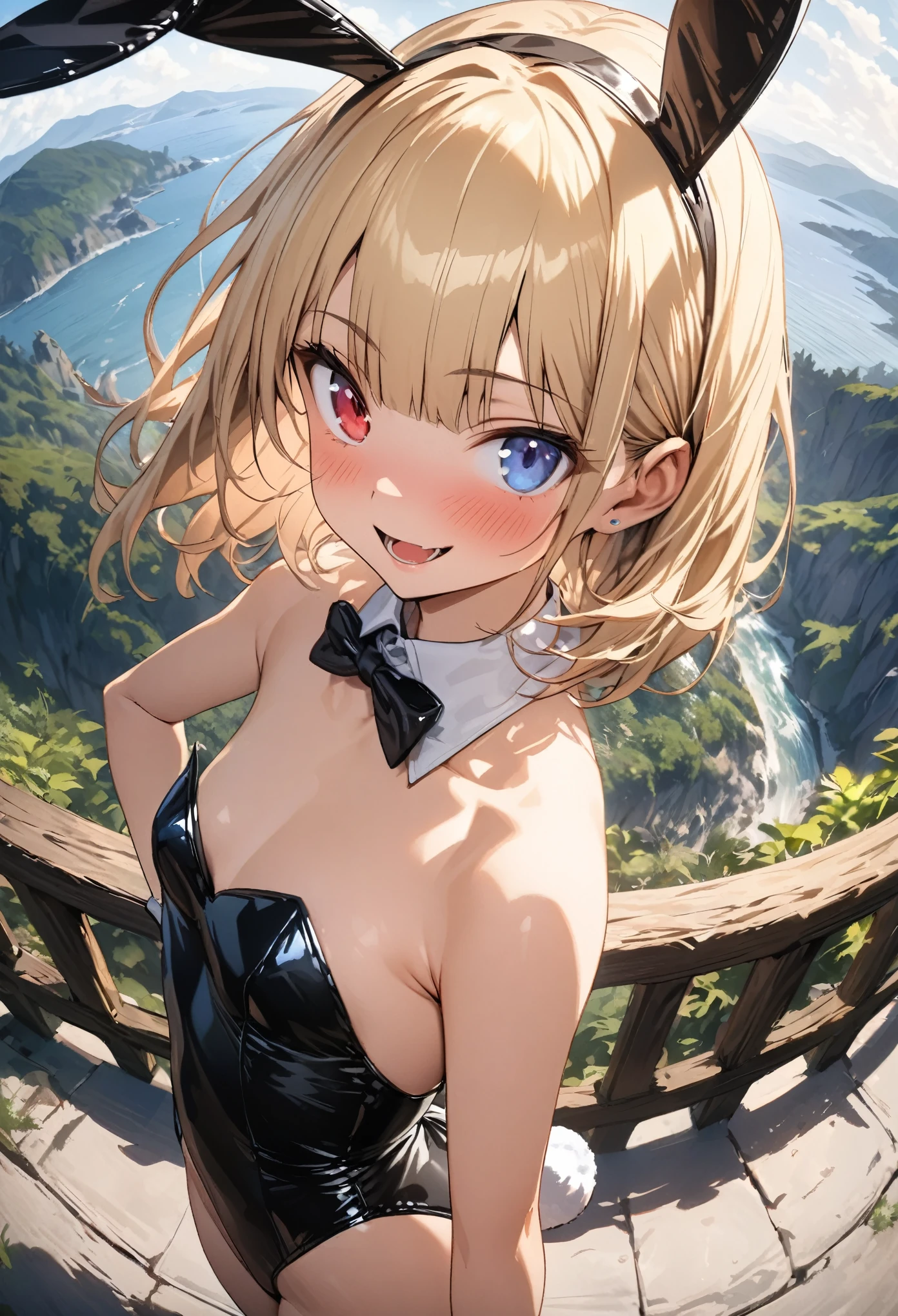 heterochromia, ((Masterpiece)), ((best quality)), (super detail:1.2), (High Definition:1.3), (Professional Photography:1.2), (fisheye), (profile), (sharp focus), (perfect light), (()), (playboy_bunny:1.3), Textured skin, cinematic lighting, 1girl, solo, (Healthy slim body), look at viewer, clear face, (loose blunt bangs), messy medium hair, blonde hair, bob cut, blush, (naughty smile), open mouth, BREAK, (best quality)), (super detail:1.2),  (cool standing), place hand on hip, (outdoor), great nature, (in Beautiful Nemophila blooming wildly), (Landscape below the deep cove),