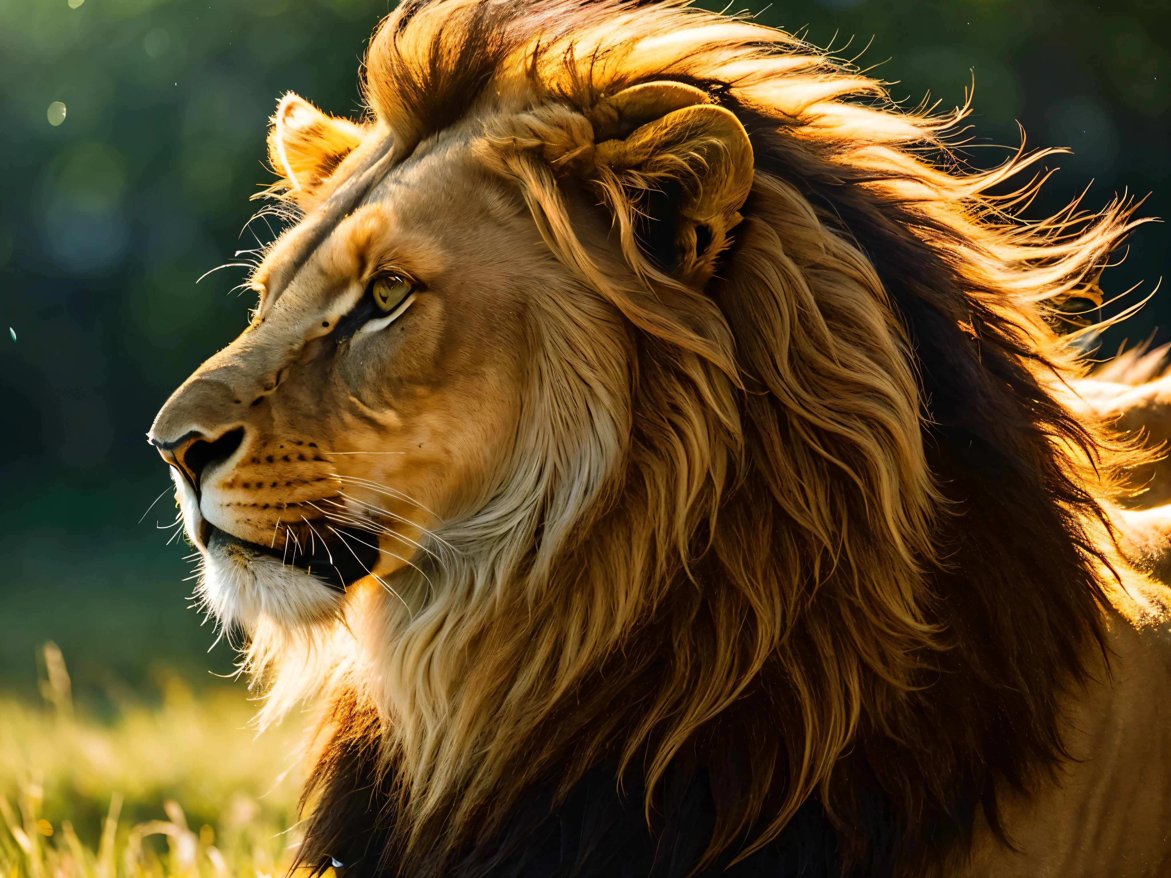 A majestically regal lion, its mane flowing in golden waves under the striking sunlight. This image is a breathtaking photograph capturing the lion's intense gaze and powerful presence. The sleek, muscular body exudes strength and grace, with every strand of fur glistening in the warm hues of the savannah. The backdrop of vast open plains amplifies the lion's noble aura, immersing viewers in the raw beauty of the wild. This high-definition portrait evokes a sense of awe and reverence, showcasing the magnificence of nature's most iconic predator.