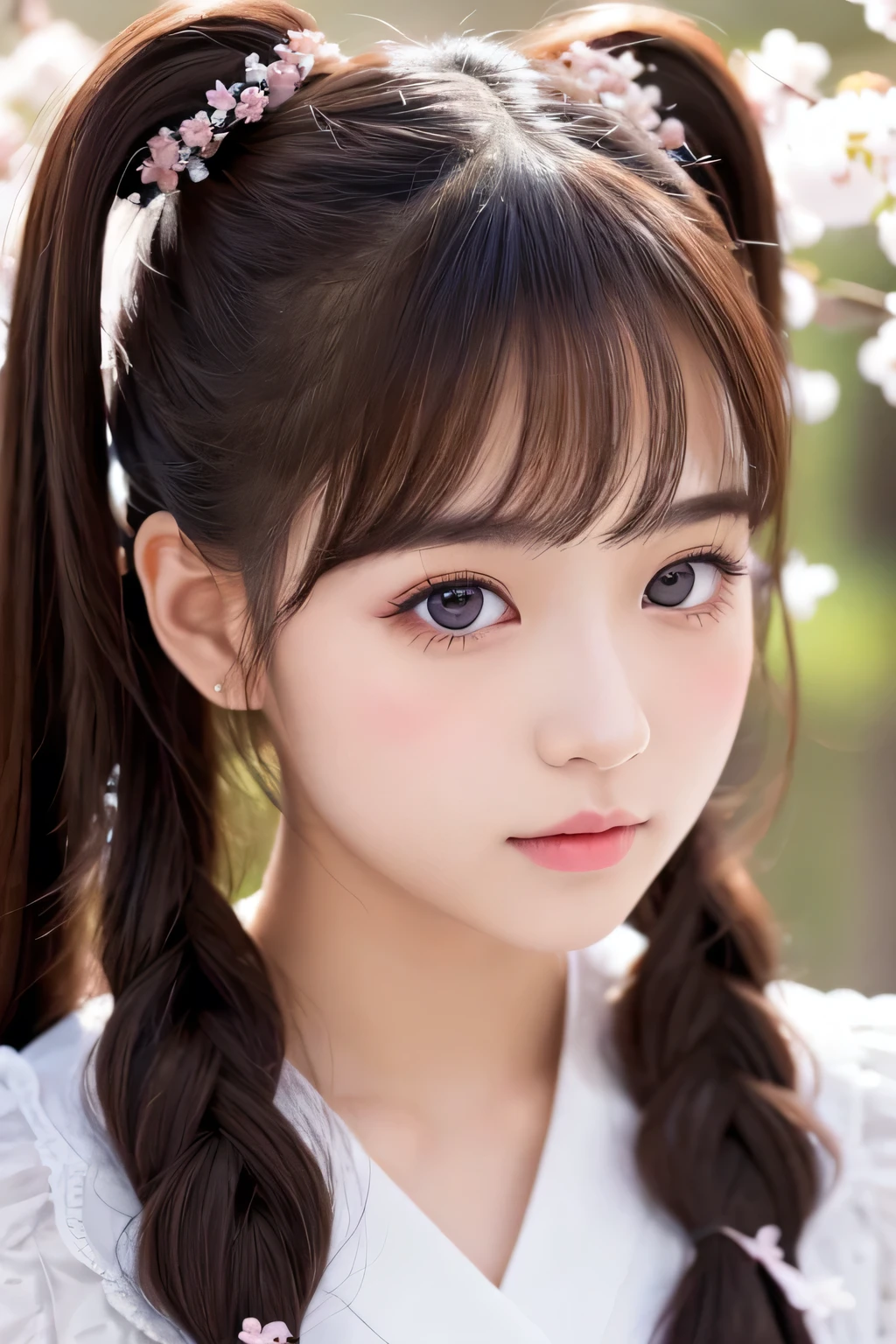 Iconic Elegance, Ultra-realistic Portrait,16-year-old Girl Idol, Hybrid Beauty, Japanese, Long Twin Tails, Glimmering Highlights, Vivacious Prettiness, Adorable Cuteness, Striking Realism Masterpiece of Charm, Best Quality, Dual-Heritage, 20-year-old Girl, Long Hair Arranged in Twin Tails, Meticulously crafted Tresses, Captivating Eyes, Cherry Blossom Painted Face, Detailed Features, Soft Highlights, Shimmering Under the Spotlight,