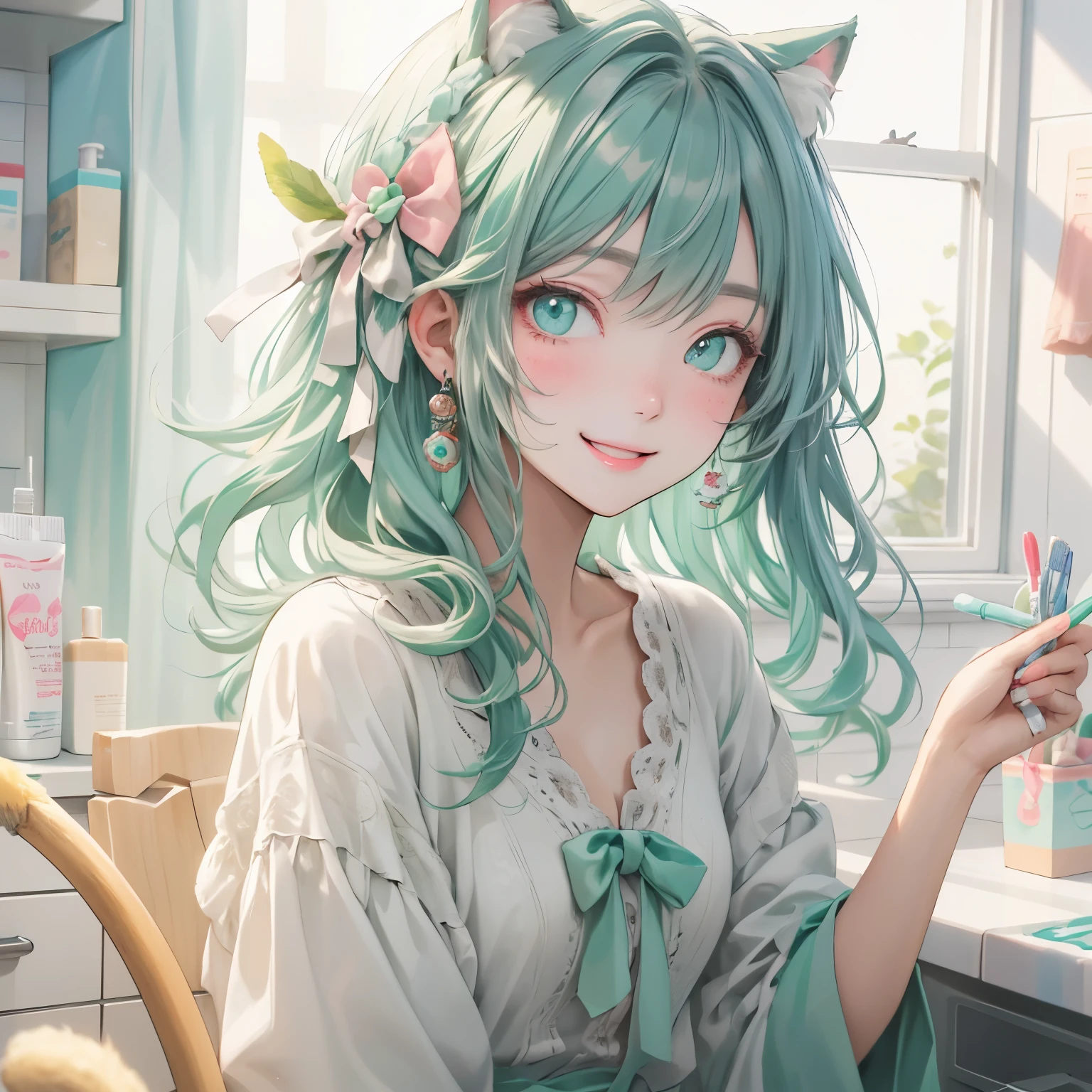 (masterpiece), highest quality, Ultra-high resolution,Cat wearing a mint cream colored ribbon、Mint cream hair、Mint cream colored eyes、Mint cream colored clothes、smile、toothpaste、toothbrush、Sweets on the background