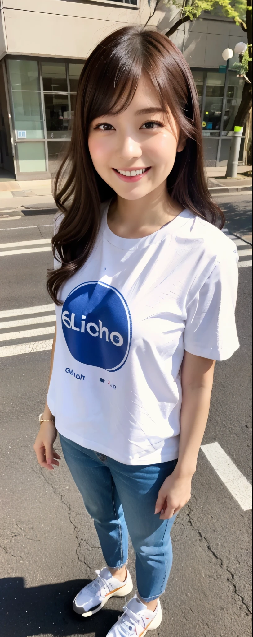 masuterpiece, Best Quality, Illustration, Ultra-detailed, finely detail, hight resolution, 8K photographic, Perfect dynamic composition, from front, full body, 1 japanese girl, Beautiful detailed eyes, long Medium wavy Hair, wearing t-shirts:1.2, bell-bottom pants, make up:1.1, Random poses,Smile, Omotesando Street Walk, 28 years girl