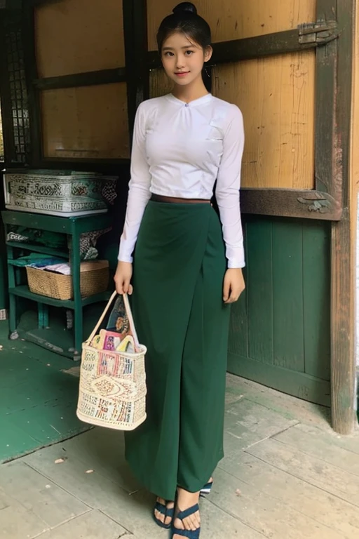 A school teacher is 30years old.Tall, thin, big hips, big breasts, black hair, small lips, brown eyes, attractive, K.Top=white Burmese blouse,With long sleeves,Buttoned at the side.Bottom=(Dark green) long skirt.
Footwear=female Burmese sandals,The hair is knotted bun.